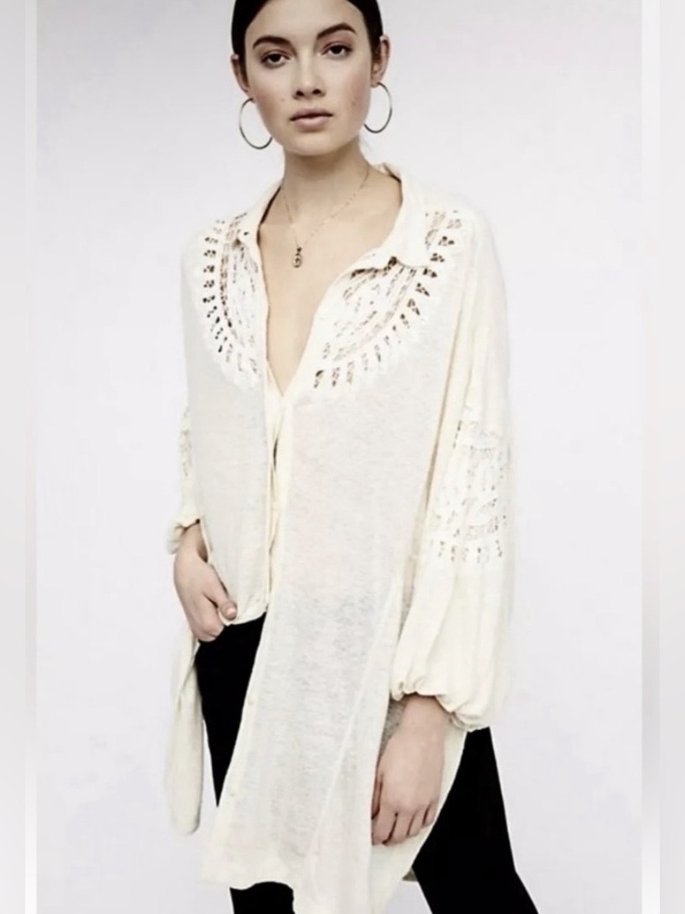 Free People Ivory Crochet Lace Oversized High Low Tunic Blouse Size XS
